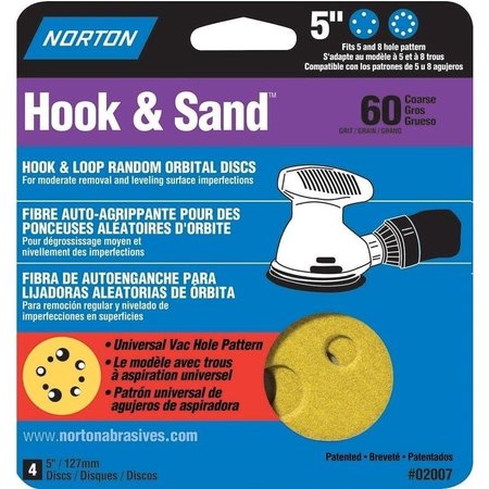 NORTON CO 0 Sanding Disc, 5 in Dia, Coated, P60 Grit, Coarse, Aluminum Oxide Abrasive, Universal Vacuum 2007
